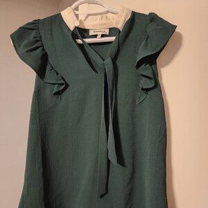 Womens Monteau Ruffle Sleeveless Hunter Green Blouse With Tie